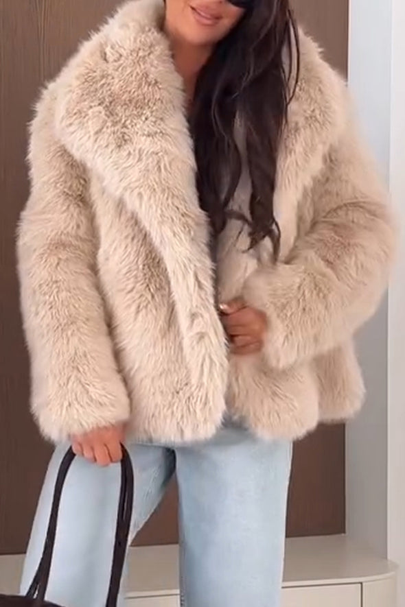 Women Lapel Plush Solid Color Casual Coat