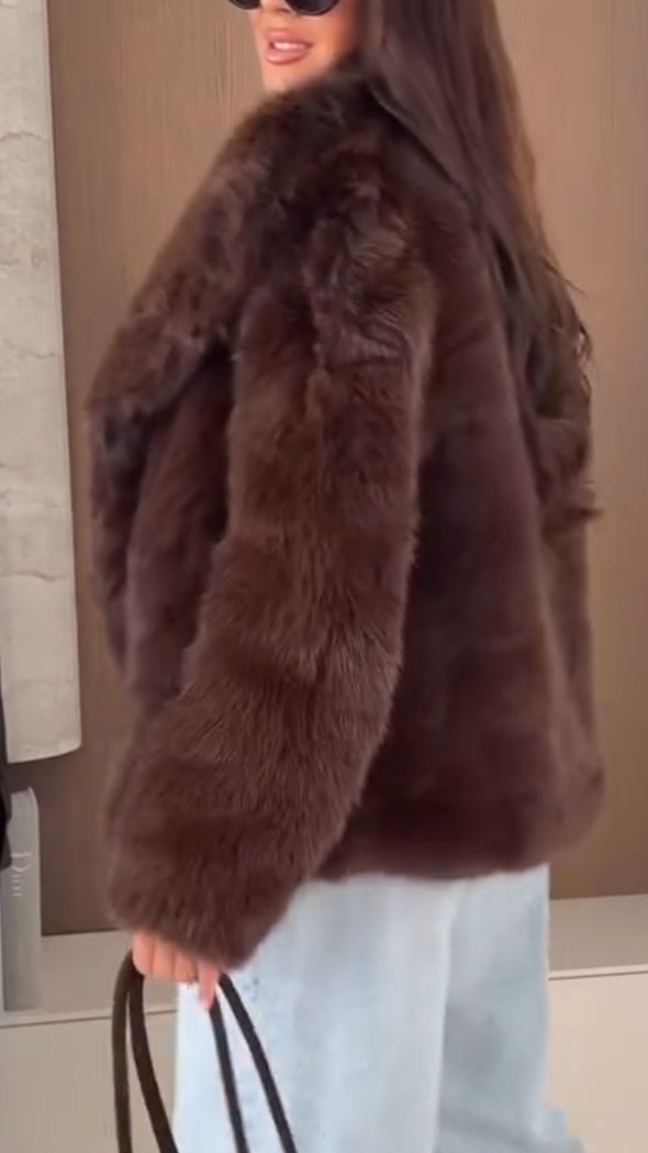 Women Lapel Plush Solid Color Casual Coat