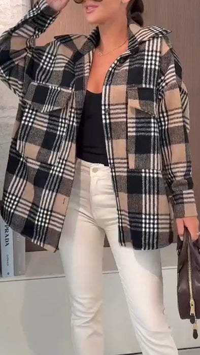 Women Lapel Plaid Casual Shirt