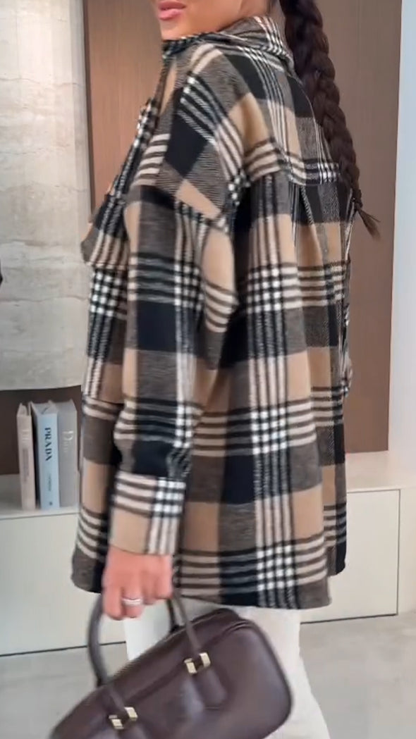 Women Lapel Plaid Casual Shirt