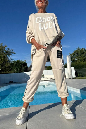 Women Round Neck Printed Letter Top + Pants Casual Suit