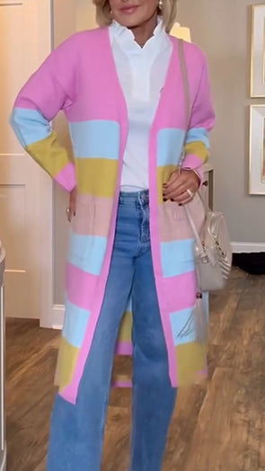 Women Contrasting Color Casual Knitted Cardigan
