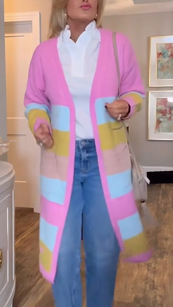Women Contrasting Color Casual Knitted Cardigan