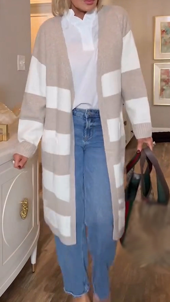 Women Contrasting Color Casual Knitted Cardigan