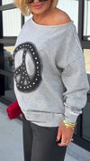 Women Round Neck Rhinestone Print Casual Top