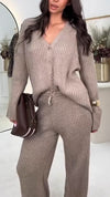 Women Button-down Cardigan + Pants Solid Color Casual Suit