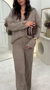 Women Button-down Cardigan + Pants Solid Color Casual Suit