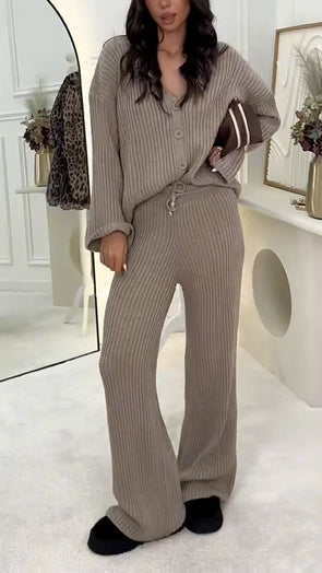 Women Button-down Cardigan + Pants Solid Color Casual Suit