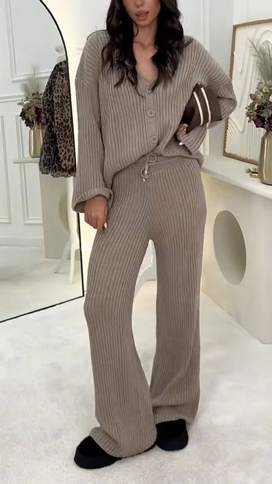Women Button-down Cardigan + Pants Solid Color Casual Suit
