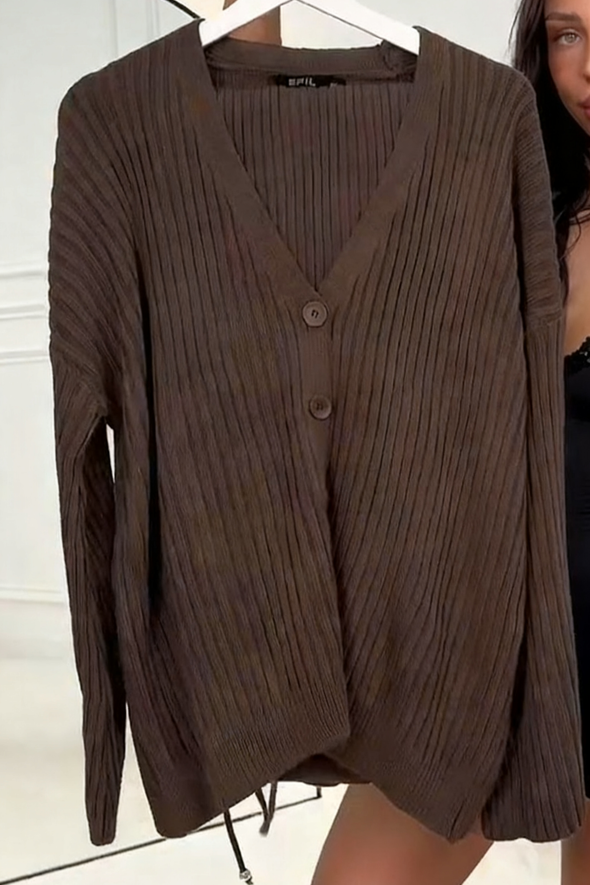 Women Button-down Cardigan + Pants Solid Color Casual Suit
