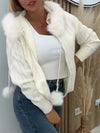 Women Fur Collar Vertical Stripes Pearl Drawstring Casual Jacket