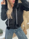 Women Fur Collar Vertical Stripes Pearl Drawstring Casual Jacket