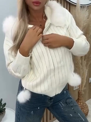 Women Fur Collar Vertical Stripes Pearl Drawstring Casual Jacket