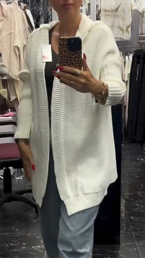 Women Hooded Solid Color Knitted Cardigan