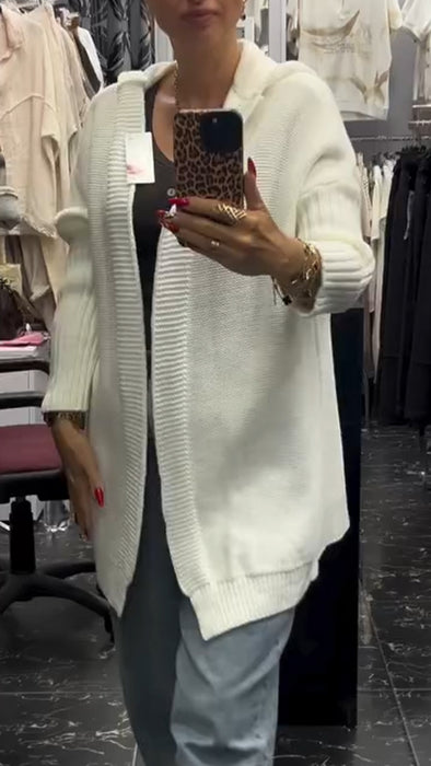 Women Hooded Solid Color Knitted Cardigan