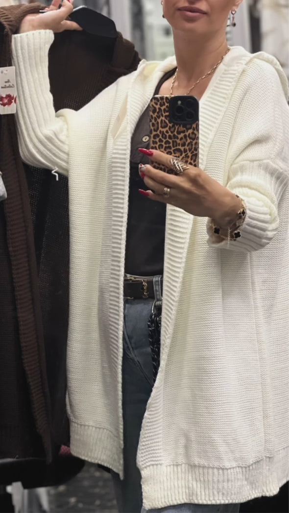 Women Hooded Solid Color Knitted Cardigan
