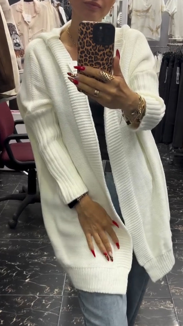 Women Hooded Solid Color Knitted Cardigan
