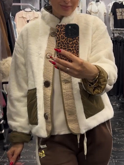 Women Round Neck Splicing Plush Casual Coat