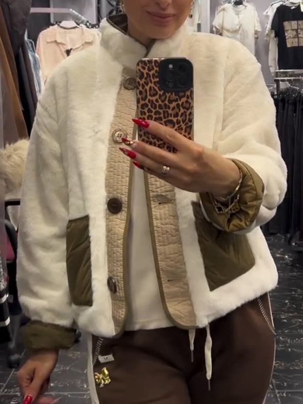 Women Round Neck Splicing Plush Casual Coat