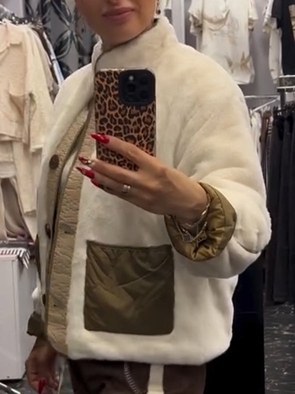 Women Round Neck Splicing Plush Casual Coat