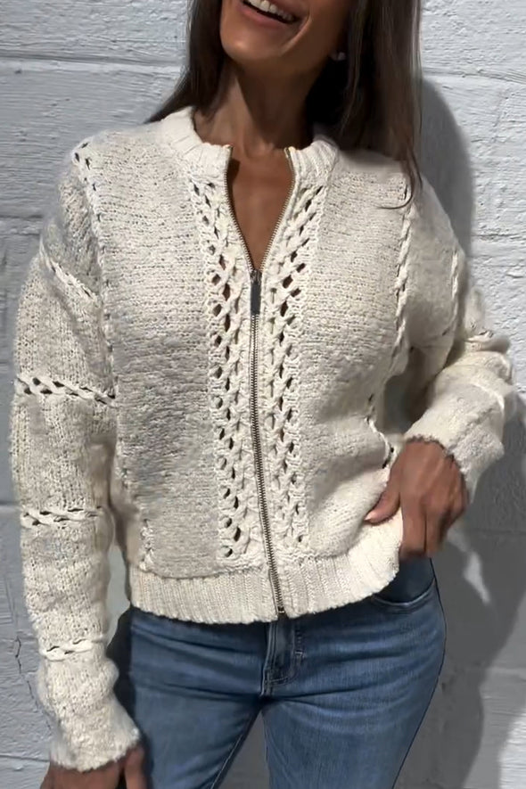Women Round Neck Knitted Hollow Stitching Casual Coat