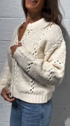 Women Round Neck Knitted Hollow Stitching Casual Coat