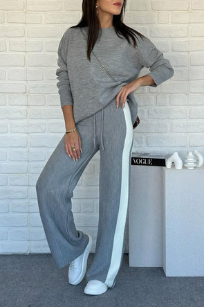 Women Round Neck Vertical Striped Casual Suit