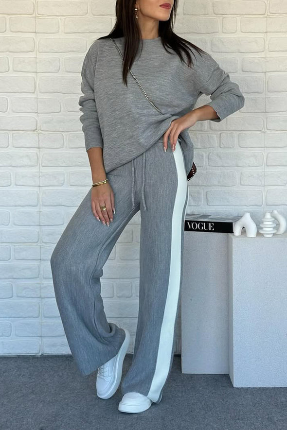 Women Round Neck Vertical Striped Casual Suit