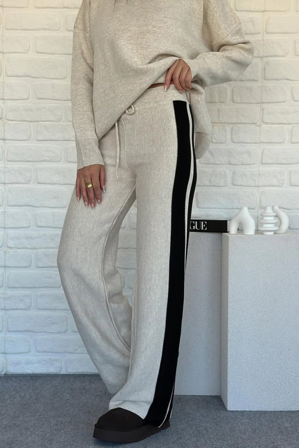 Women Round Neck Vertical Striped Casual Suit