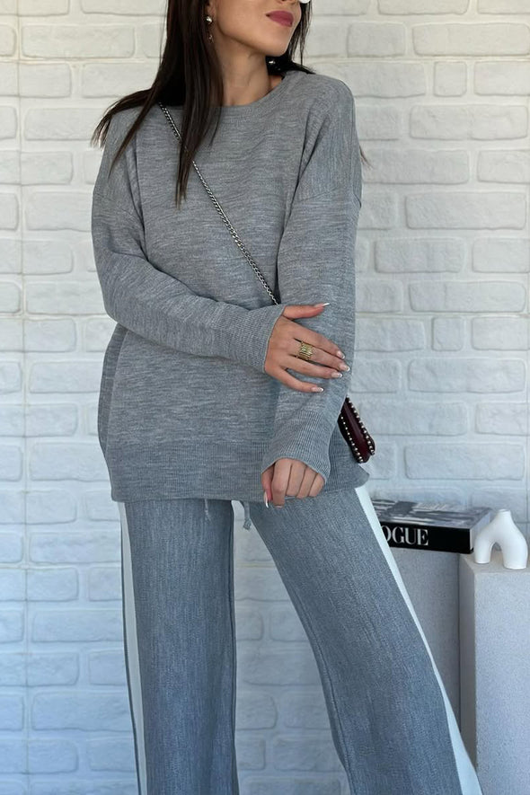 Women Round Neck Vertical Striped Casual Suit