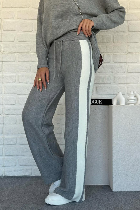 Women Round Neck Vertical Striped Casual Suit