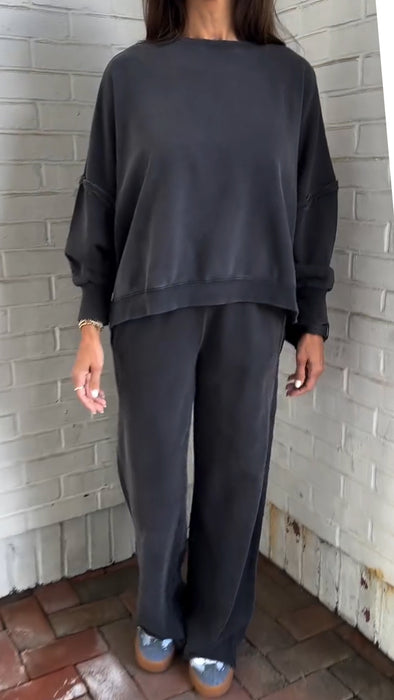 Women Round Neck Solid Color Casual Suit