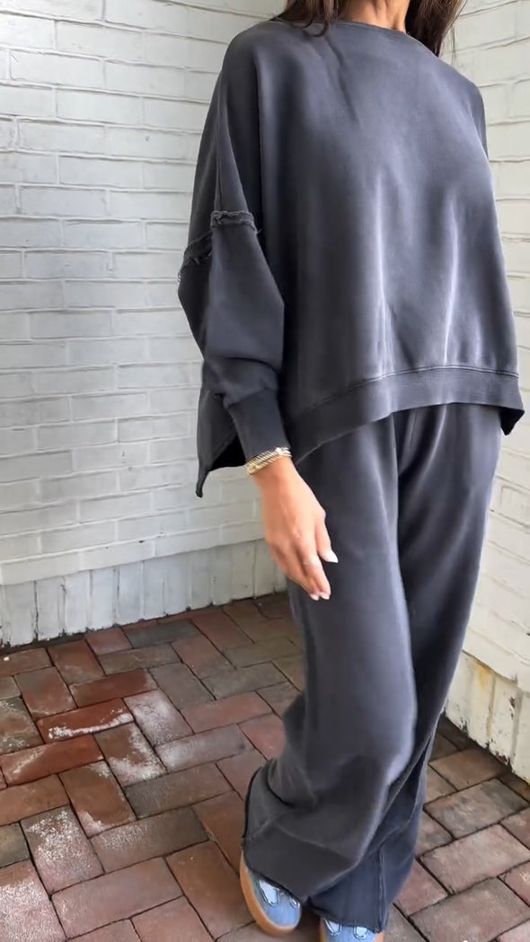 Women Round Neck Solid Color Casual Suit