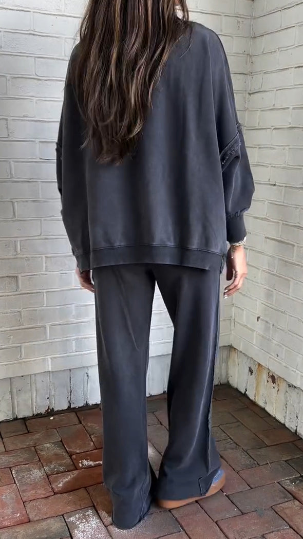 Women Round Neck Solid Color Casual Suit