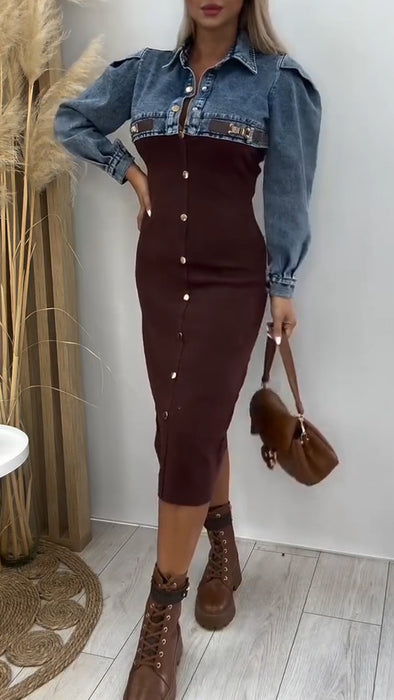 Women Lapel Denim Patchwork Casual Dress