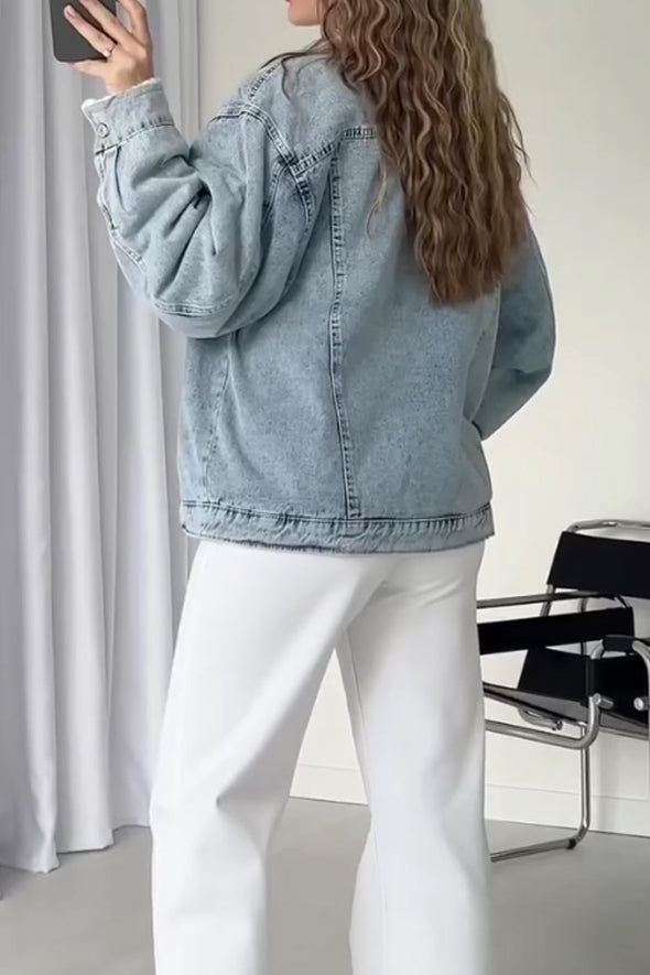 Women Casual Warm Fleece Lapel Denim Jacket