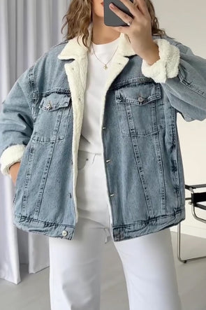 Women Casual Warm Fleece Lapel Denim Jacket