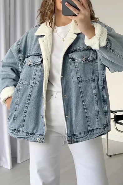 Women Casual Warm Fleece Lapel Denim Jacket