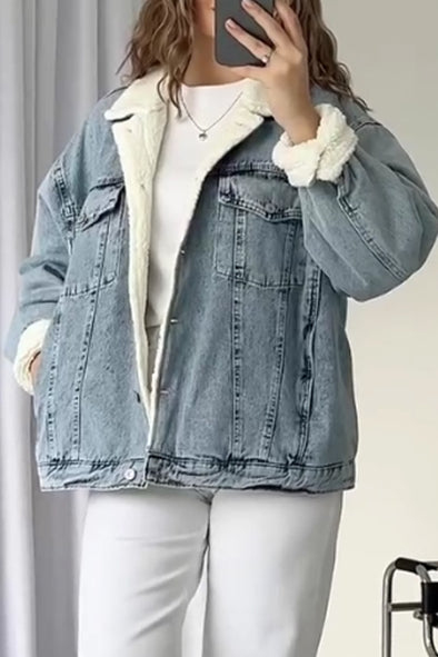 Women Casual Warm Fleece Lapel Denim Jacket