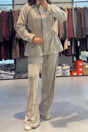Women Casual Velvet Contrast Long Sleeve Top + Pants Suit