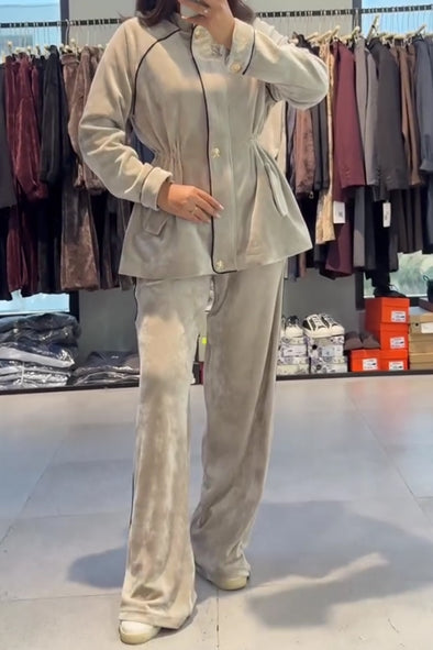 Women Casual Velvet Contrast Long Sleeve Top + Pants Suit