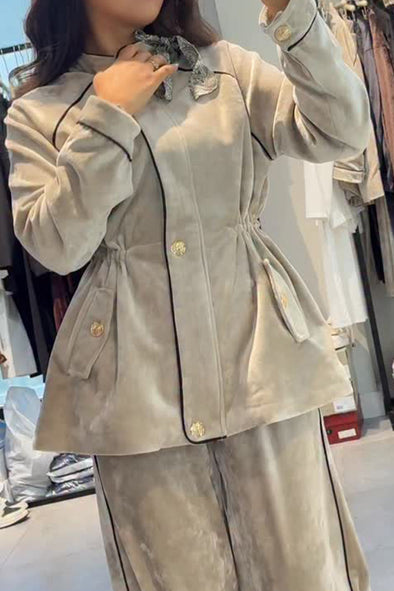 Women Casual Velvet Contrast Long Sleeve Top + Pants Suit