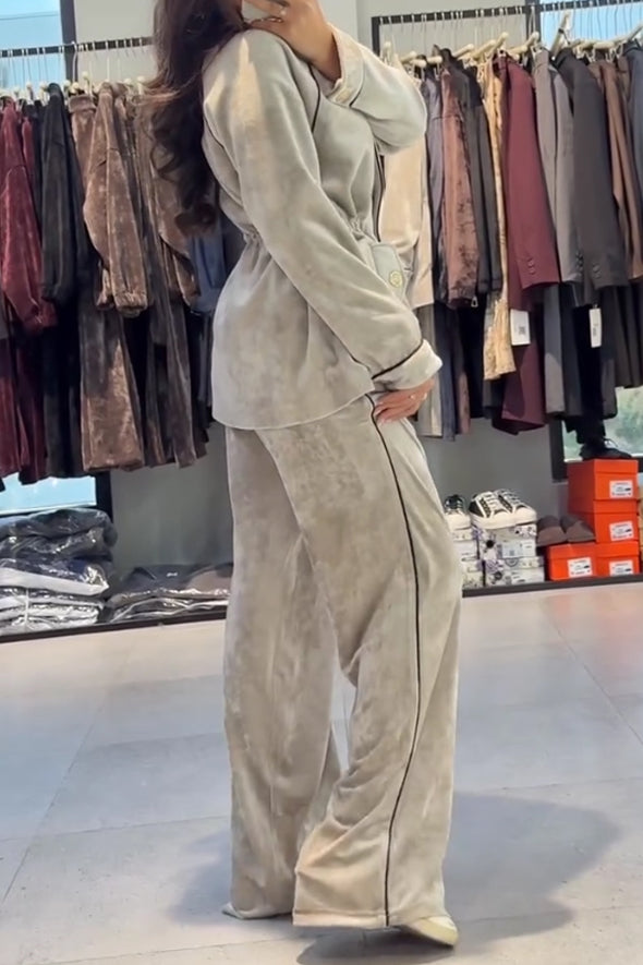 Women Casual Velvet Contrast Long Sleeve Top + Pants Suit