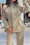 Women Casual Velvet Contrast Long Sleeve Top + Pants Suit