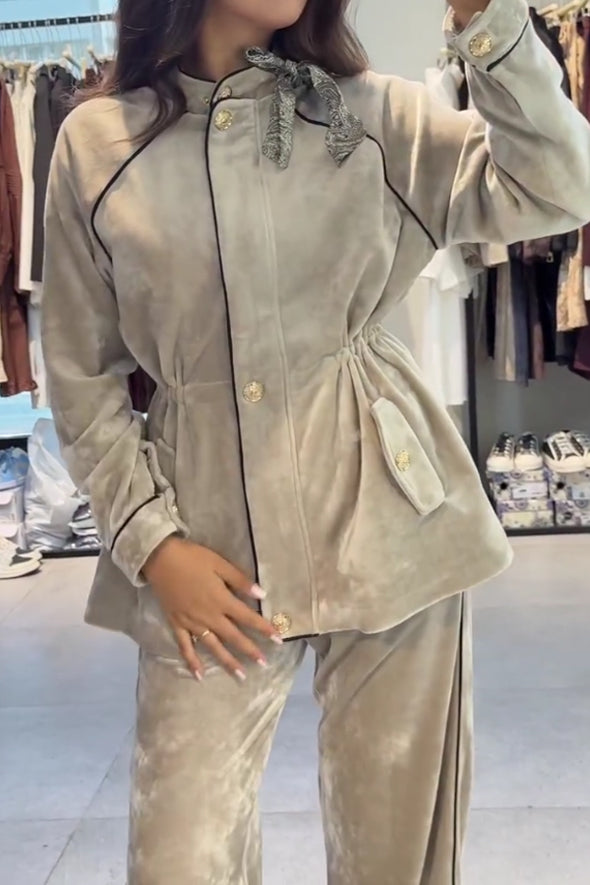 Women Casual Velvet Contrast Long Sleeve Top + Pants Suit