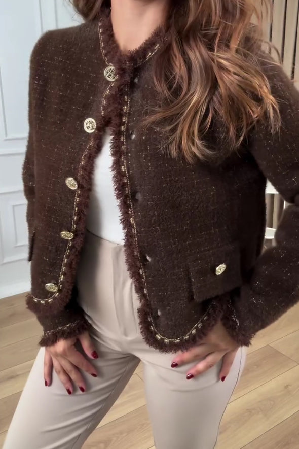 Women Elegant Thick Woven Textured Raw Edge Coat