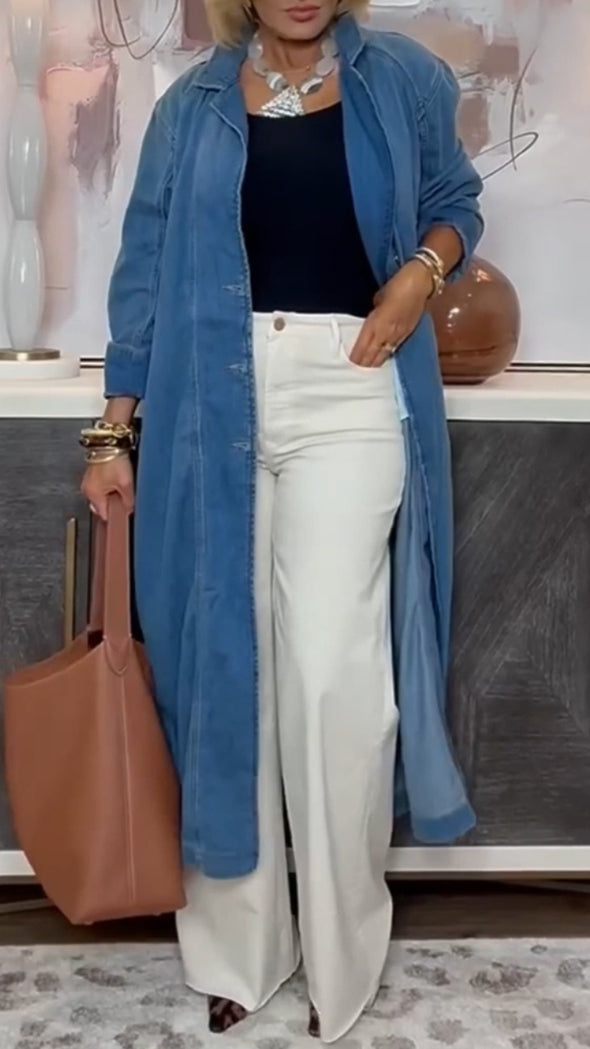 Women Lapel Long Denim Cardigan