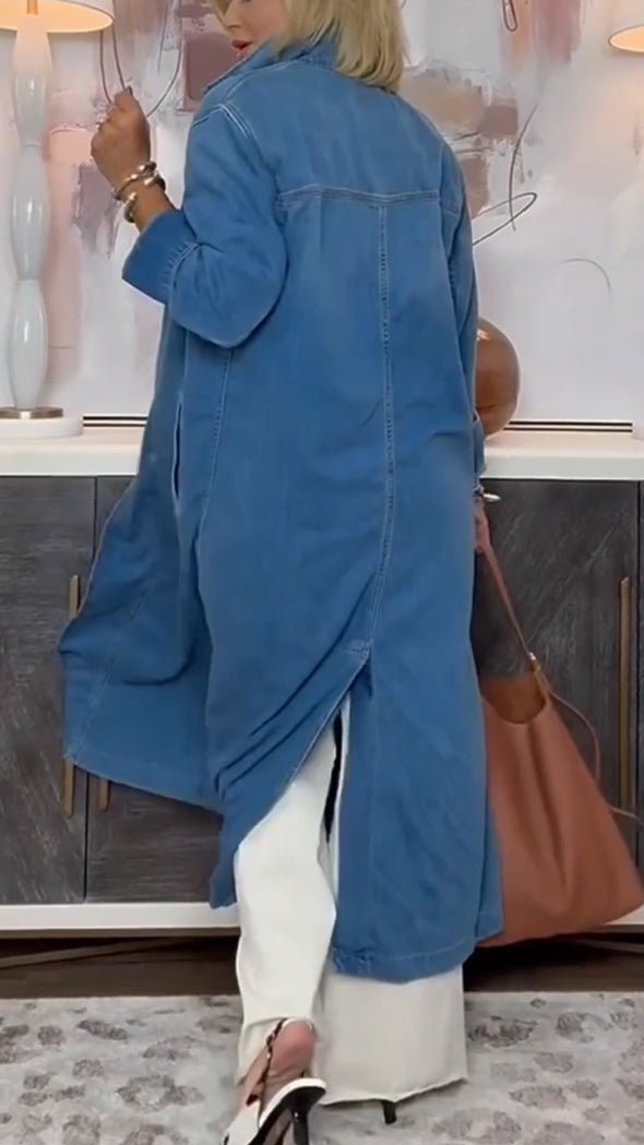 Women Lapel Long Denim Cardigan