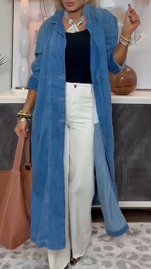 Women Lapel Long Denim Cardigan
