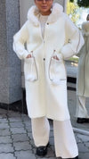 Women Fur Collar Hooded Drawstring Waist Design Temperament Casual Coat